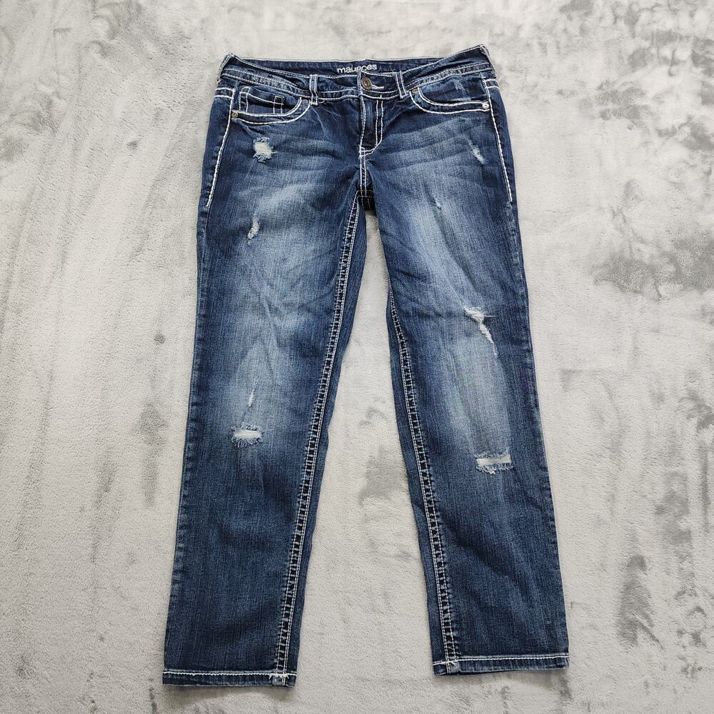 Maurices Jeans Womens 7/8 Blue Dark Wash Distressed Crop Capri Thick Stitch Y2K